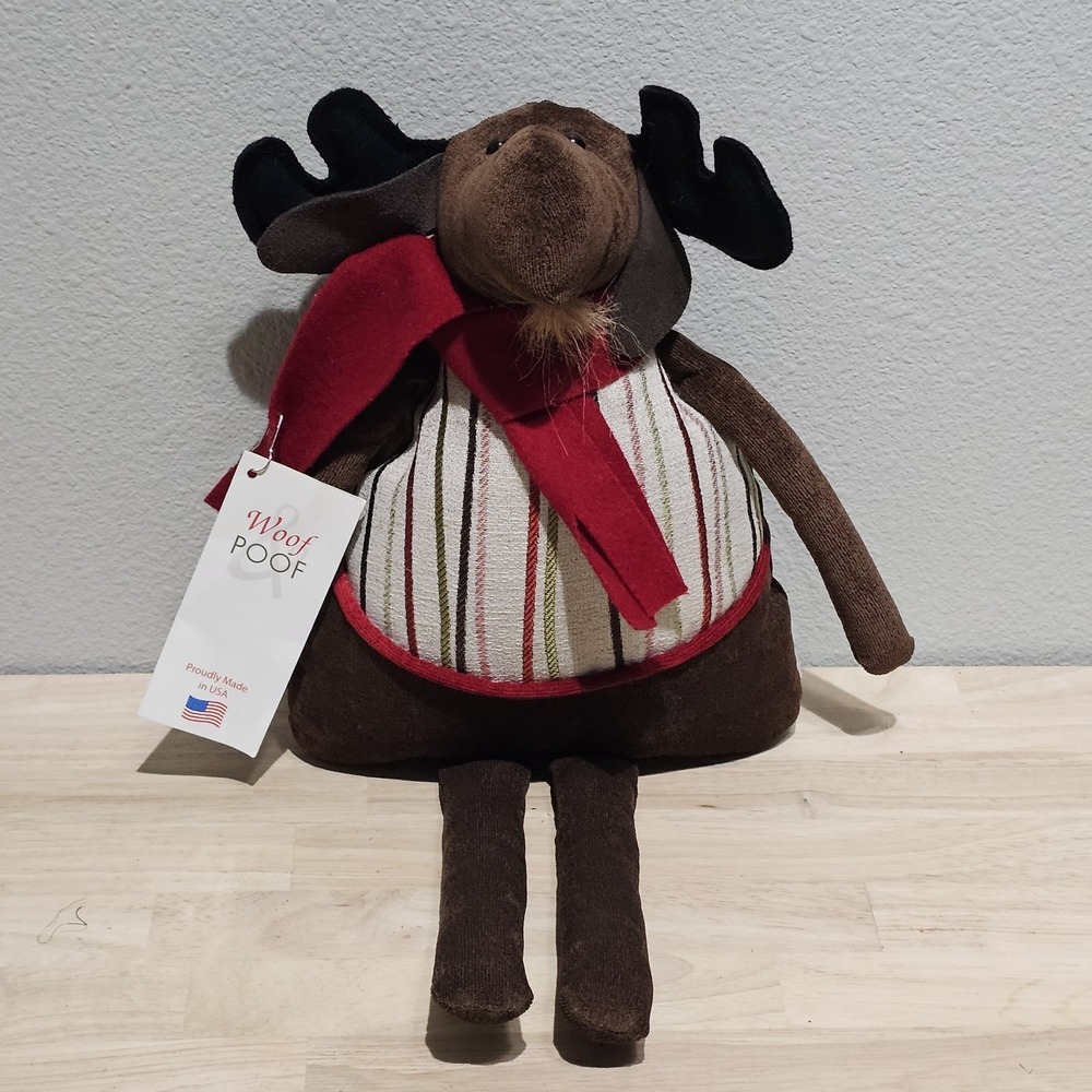WOOF & POOF 2014 CHRISTMAS MOOSE REINDEER CARIBOU PLUSH DOLL RED SCARF 18"